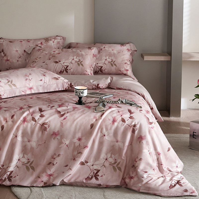 Flower Tencel Bedding Set - Four-Piece Includes Quilt Cover & Sheets