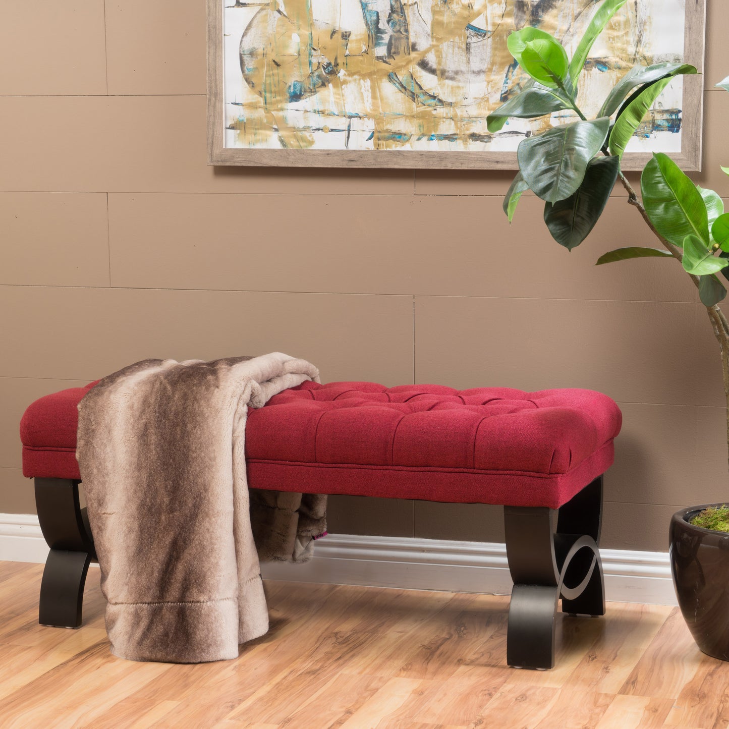 Red Fabric Ottoman Bench with Button Tufting