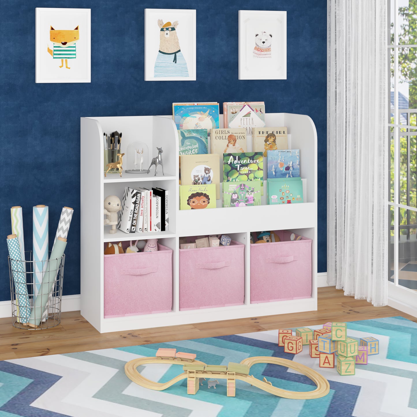 Kids Bookcase with 3 Fabric Drawers - White and Pink