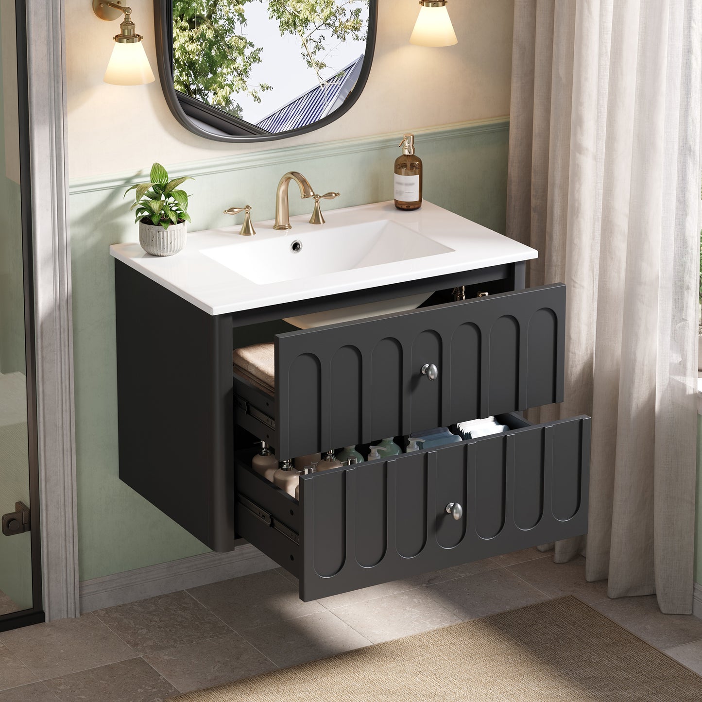 30 Modern Floating Bathroom Vanity With Oval Knobs & Round Edge,