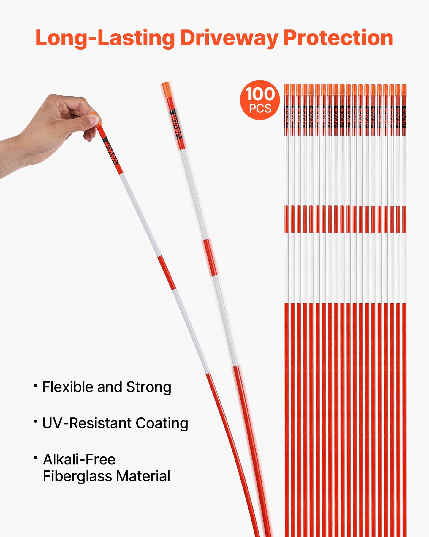 Reflective Driveway Markers 72 Inch Snow Stakes Orange - 100 Pack