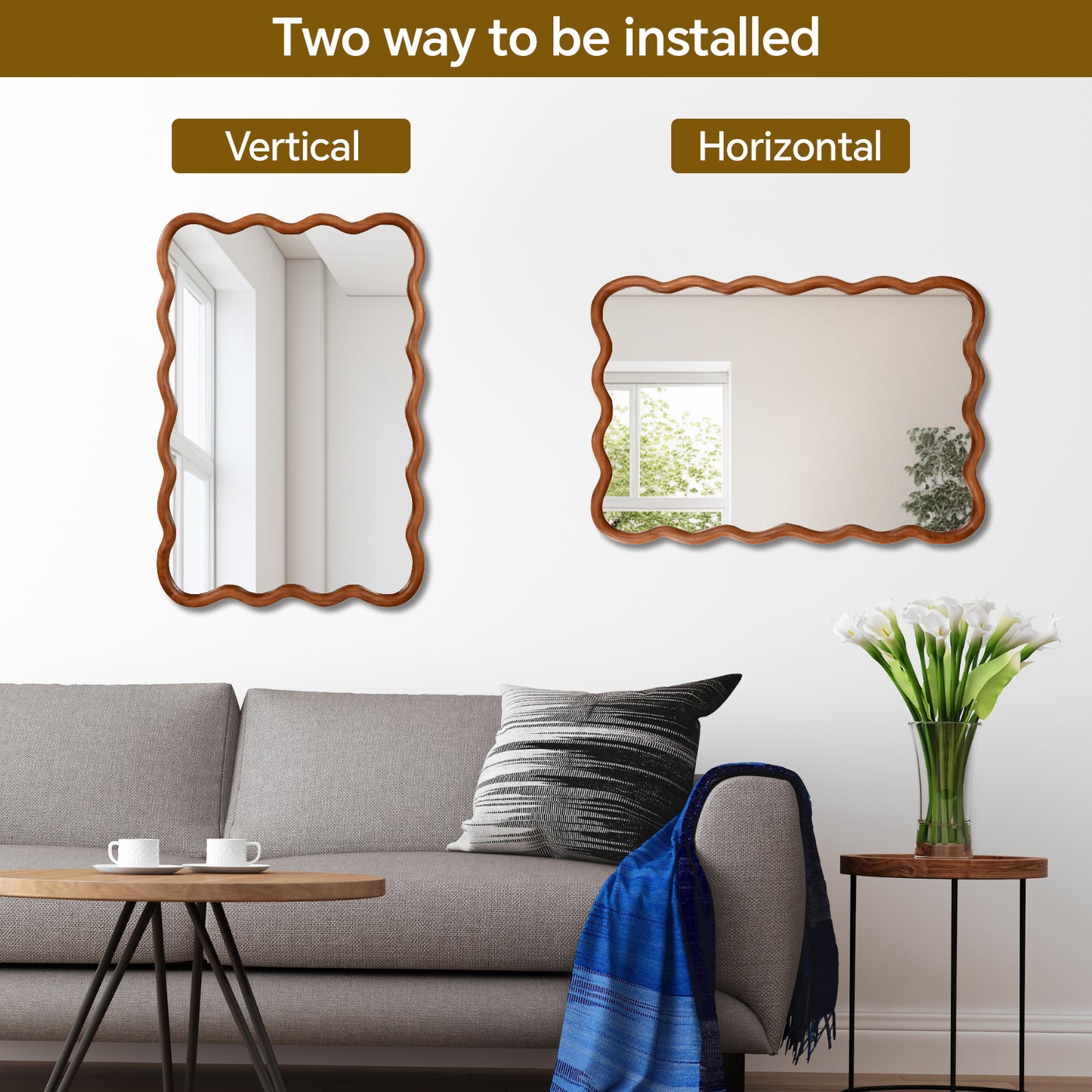 Wavy Rectangle Solid Wood Frame Decorative Mirror - Yellow Brown 24x36