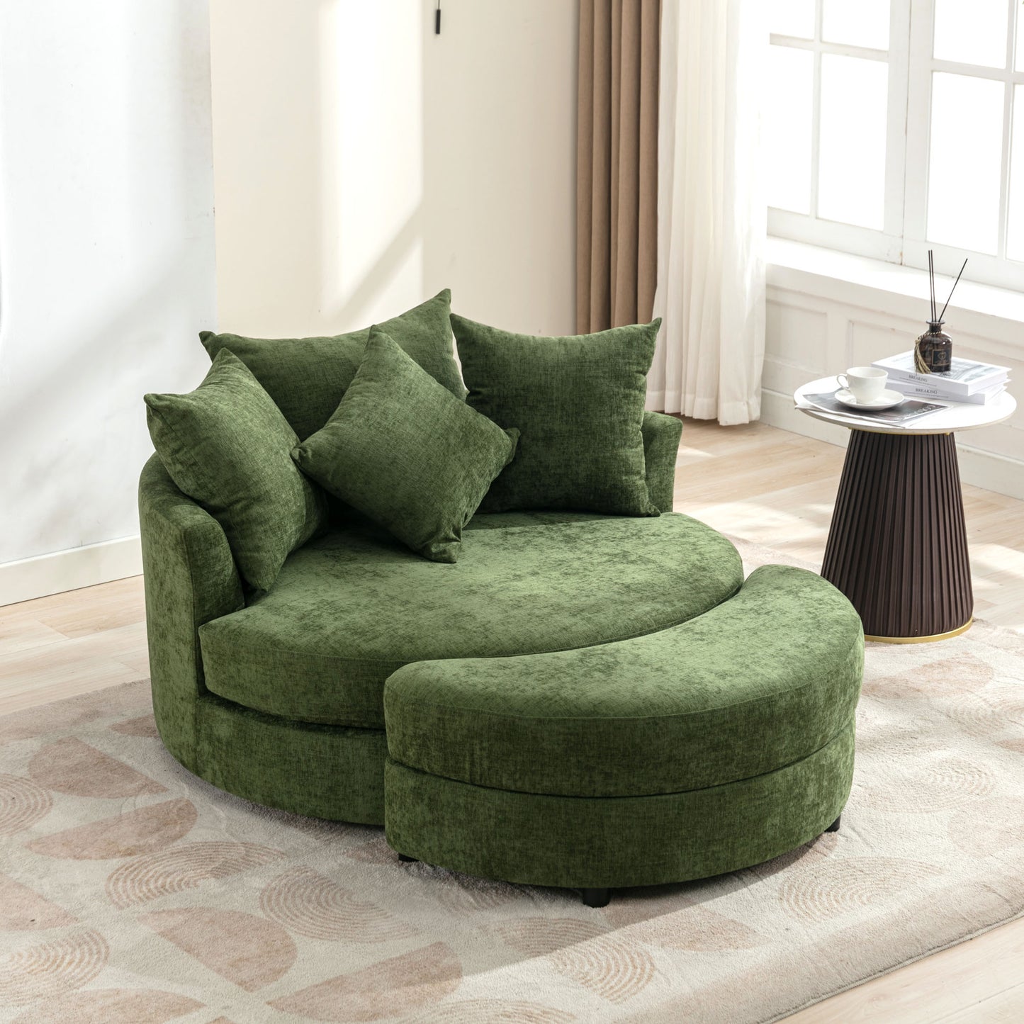 360° Swivel Accent Barrel Chair with Storage Ottoman & 4 Pillows - Green
