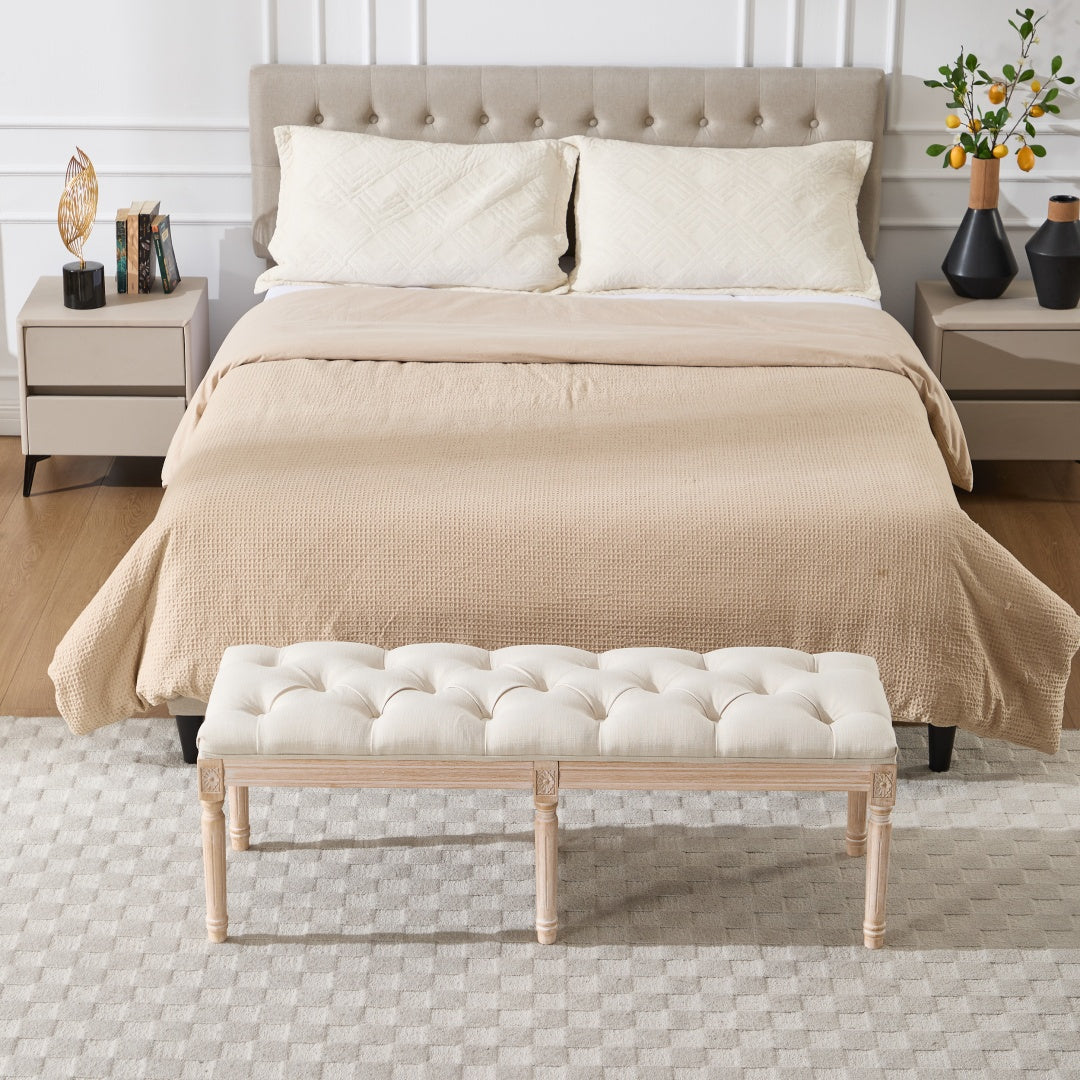 French Vintage Tufted Bedroom Bench - Cream Upholstered Ottoman