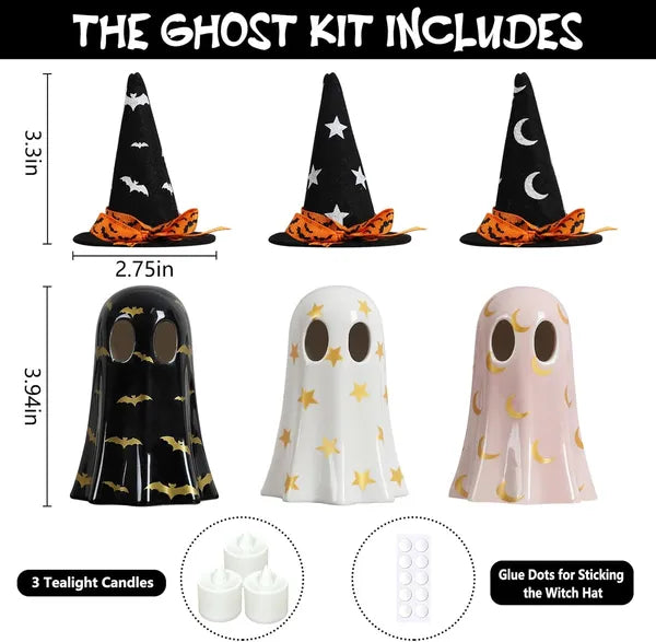 Set of 3 Ceramic Ghost Figurines with Witch Hats for Halloween Decor