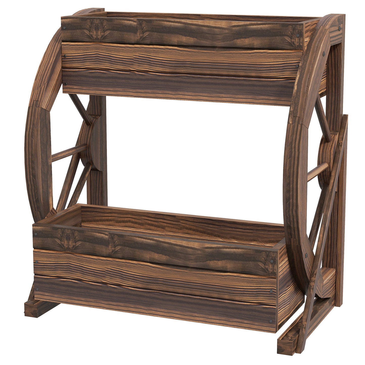 Wooden Wagon Planter Box - 2-Tier Raised Garden Bed for Vegetables Flowers Herbs - Carbonized 22" x 13" x 22"
