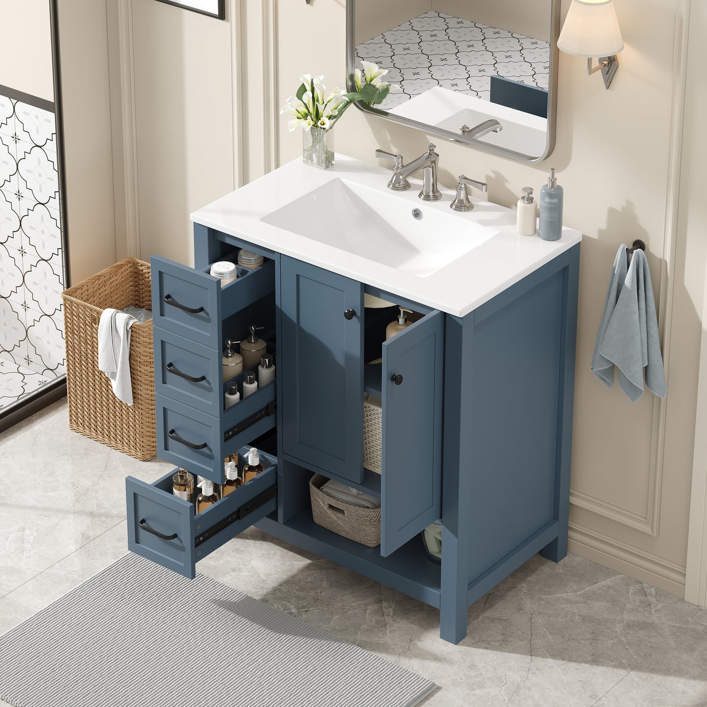 30" Bathroom Vanity with Sink Top - Blue Gray Solid Wood Cabinet