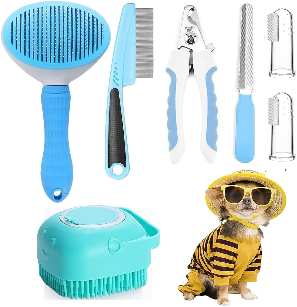 Pet Grooming Kit 7Pcs Self-Cleaning Brush Nail Clipper Flea Comb Shampoo