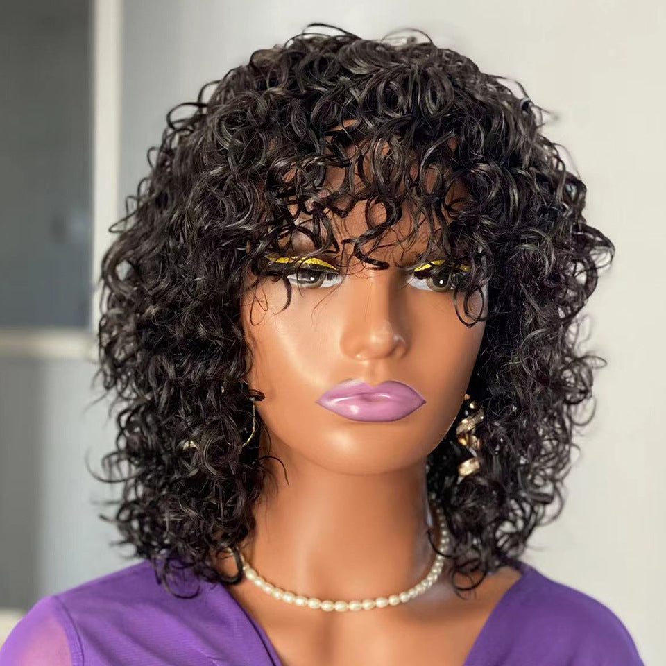 Water Wave Fringe Human Hair Wig with Bangs - Natural Black