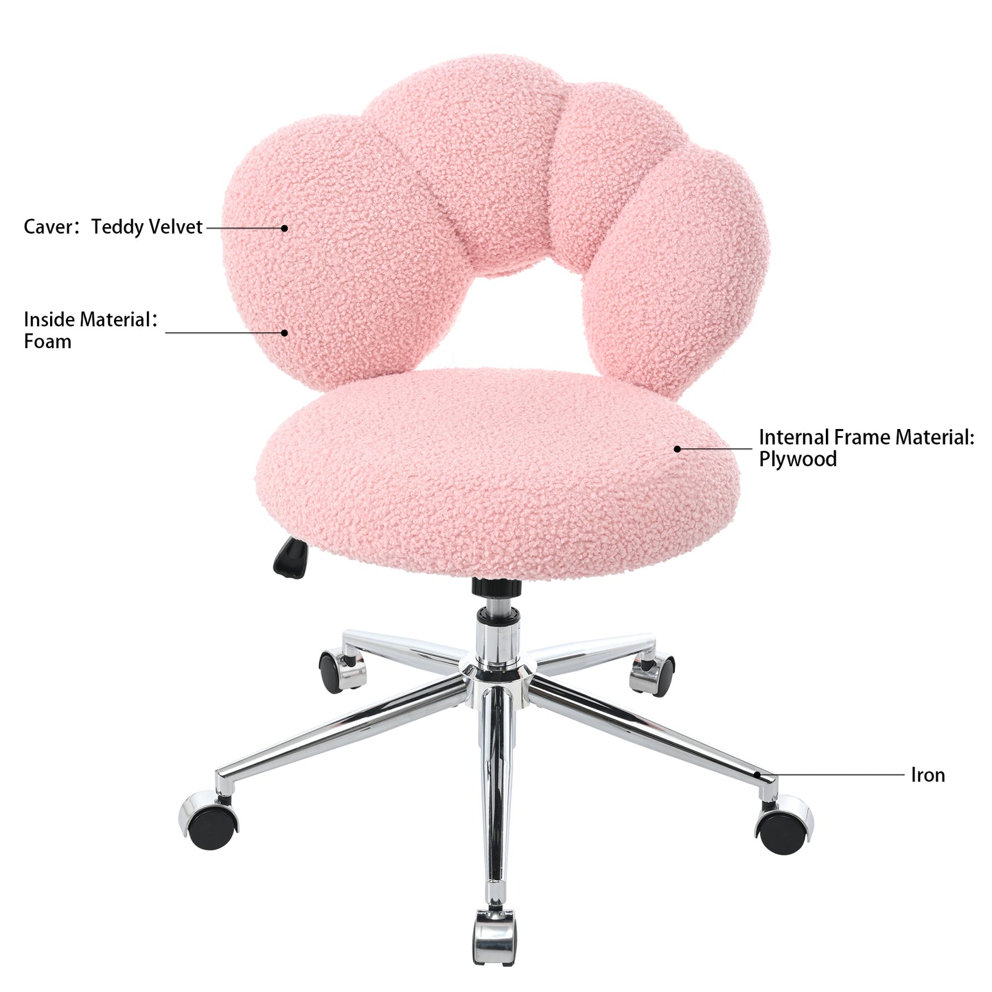 360° Swivel Height Adjustable Pink Teddy Fabric Office Chair