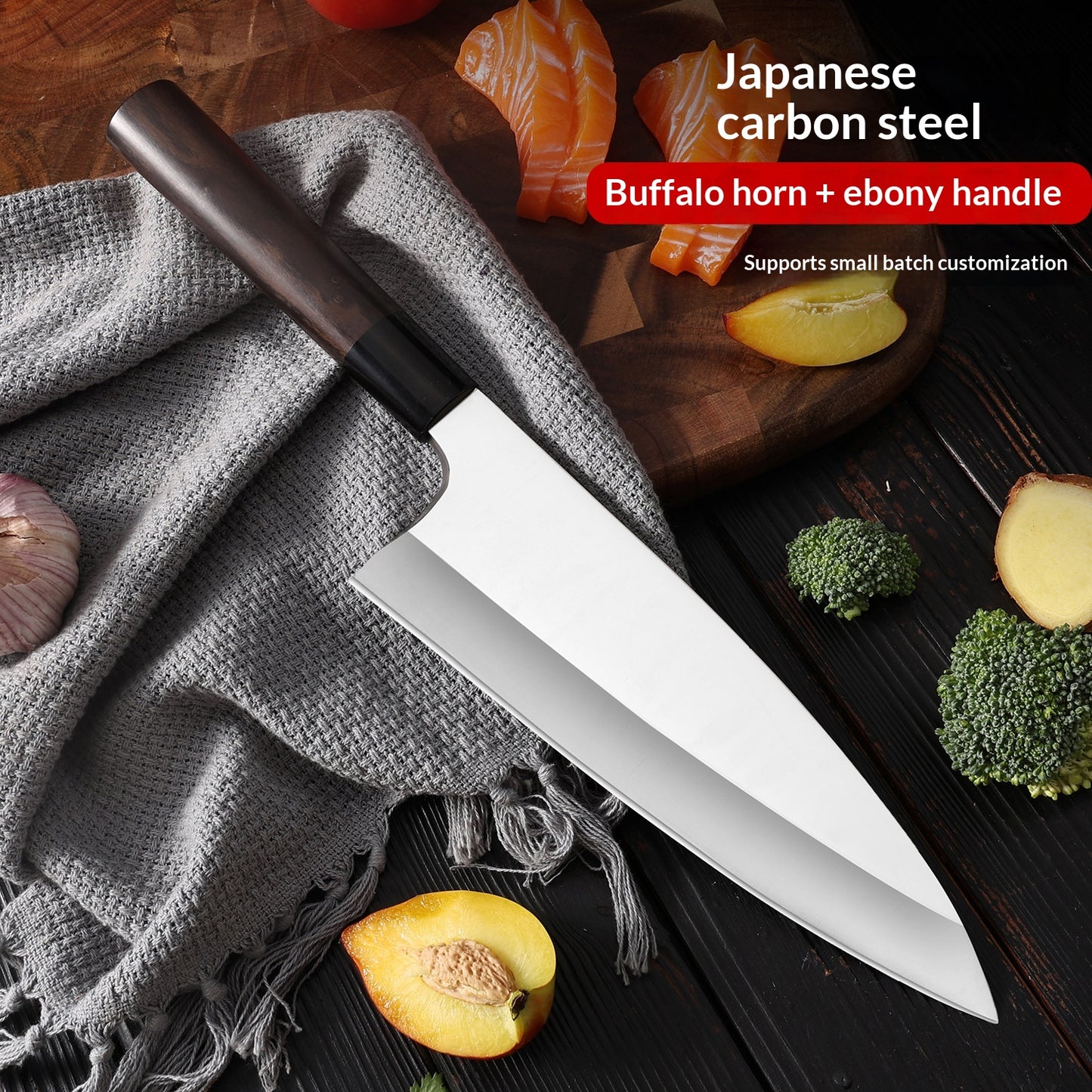 Japanese Sashimi Fish-Head Chef Knife - High Carbon Stainless Steel, Black, Round & Octagonal Handle Options