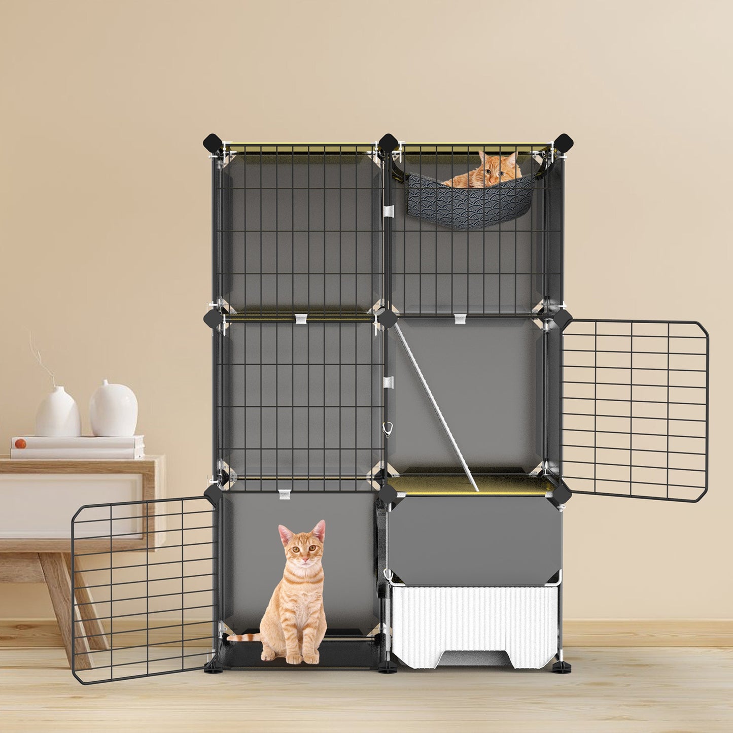 Indoor 3 Tier Cat Cage with Litter Box, Hammock, and Play Areas for Kittens