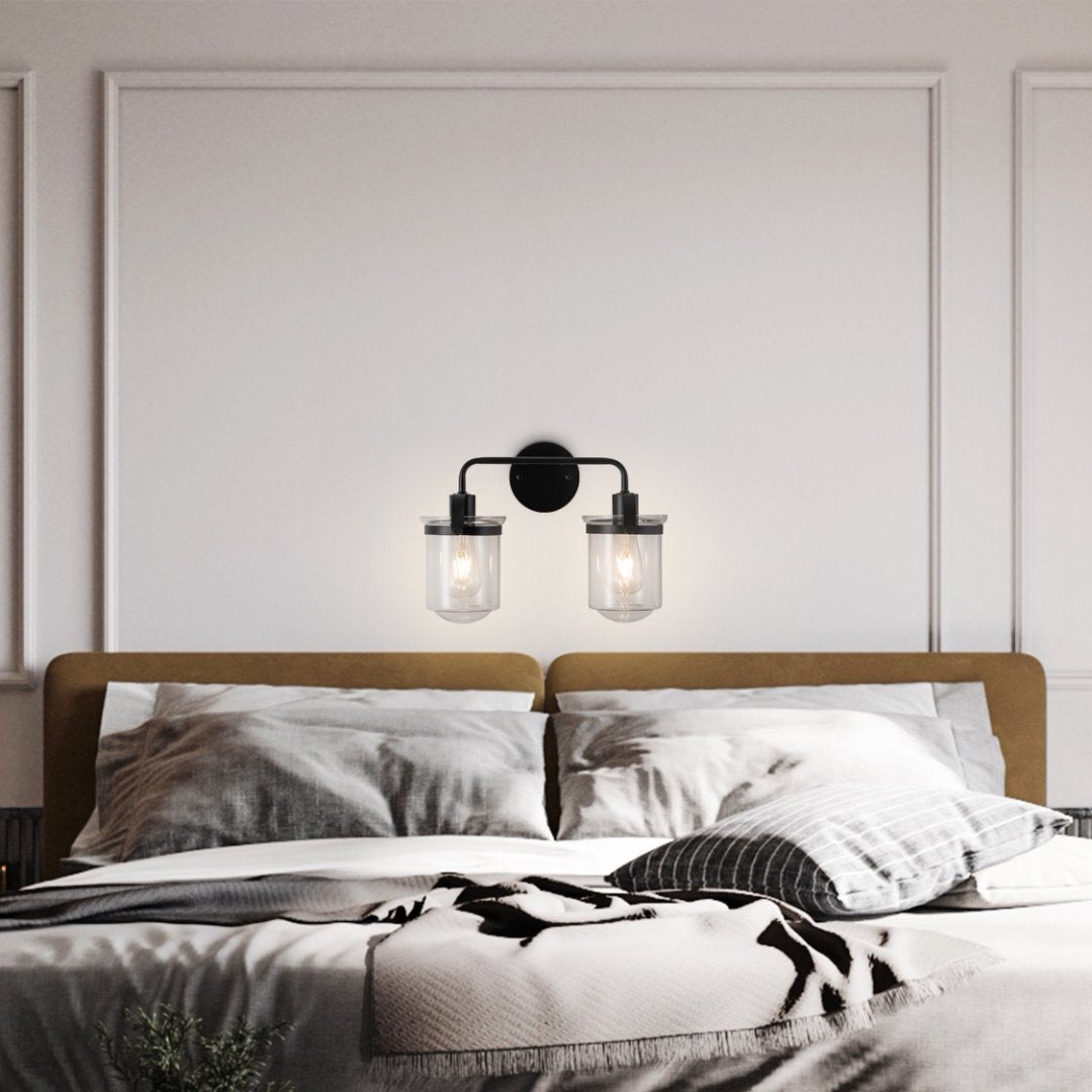 Modern Black Wall Sconce Light with Clear Glass Shade - Indoor Indoor Fixture for Bathroom Bedroom Living Room Kitchen Sink - E26 Socket