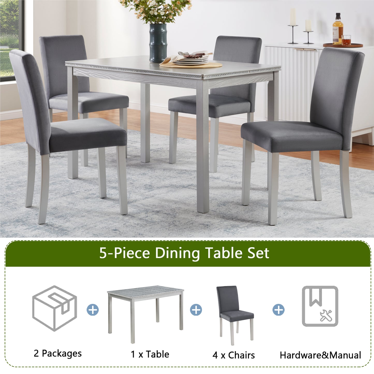 5-Piece Wooden Dining Table Set with Upholstered Chairs - Silver Grey