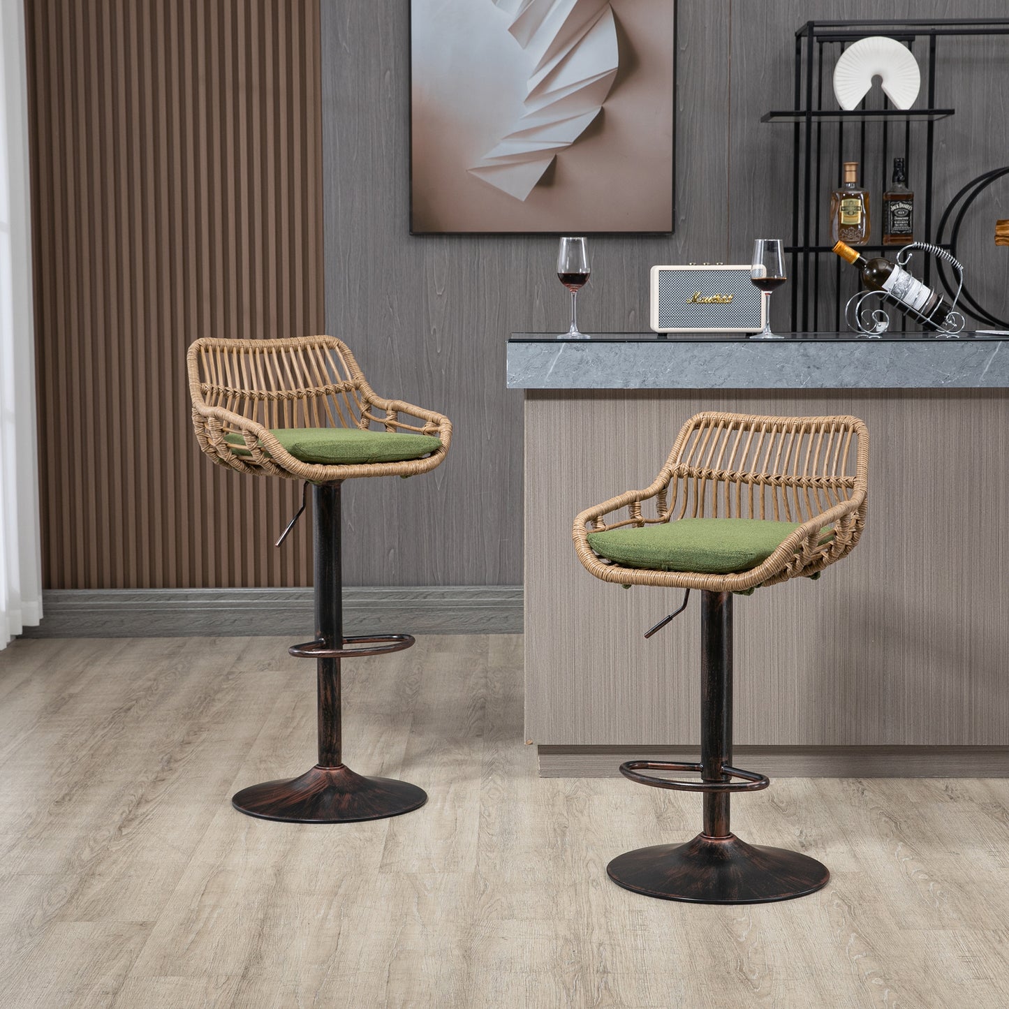 Adjustable Green Swivel Bar Stools Set of 2 with Footrest