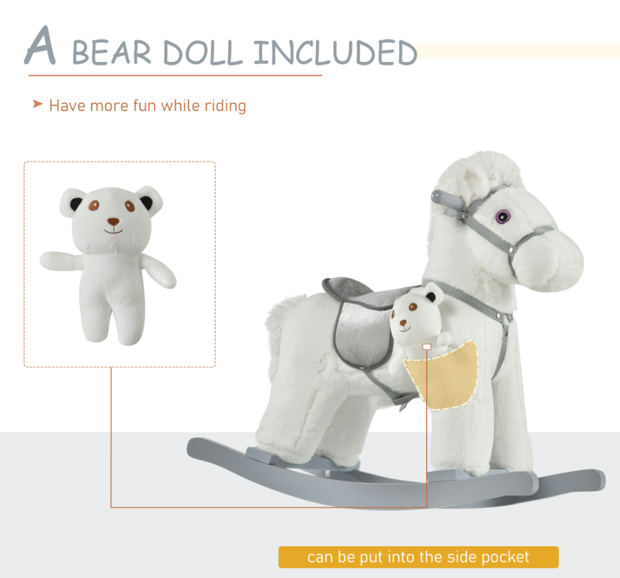 White Plush Rocking Horse with Bear Toy for Kids - Soft Sound