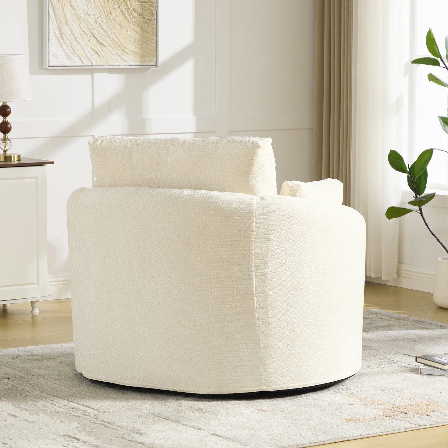 360° Swivel Barrel Chair with Chenille Fabric & 3 Pillows - Beige