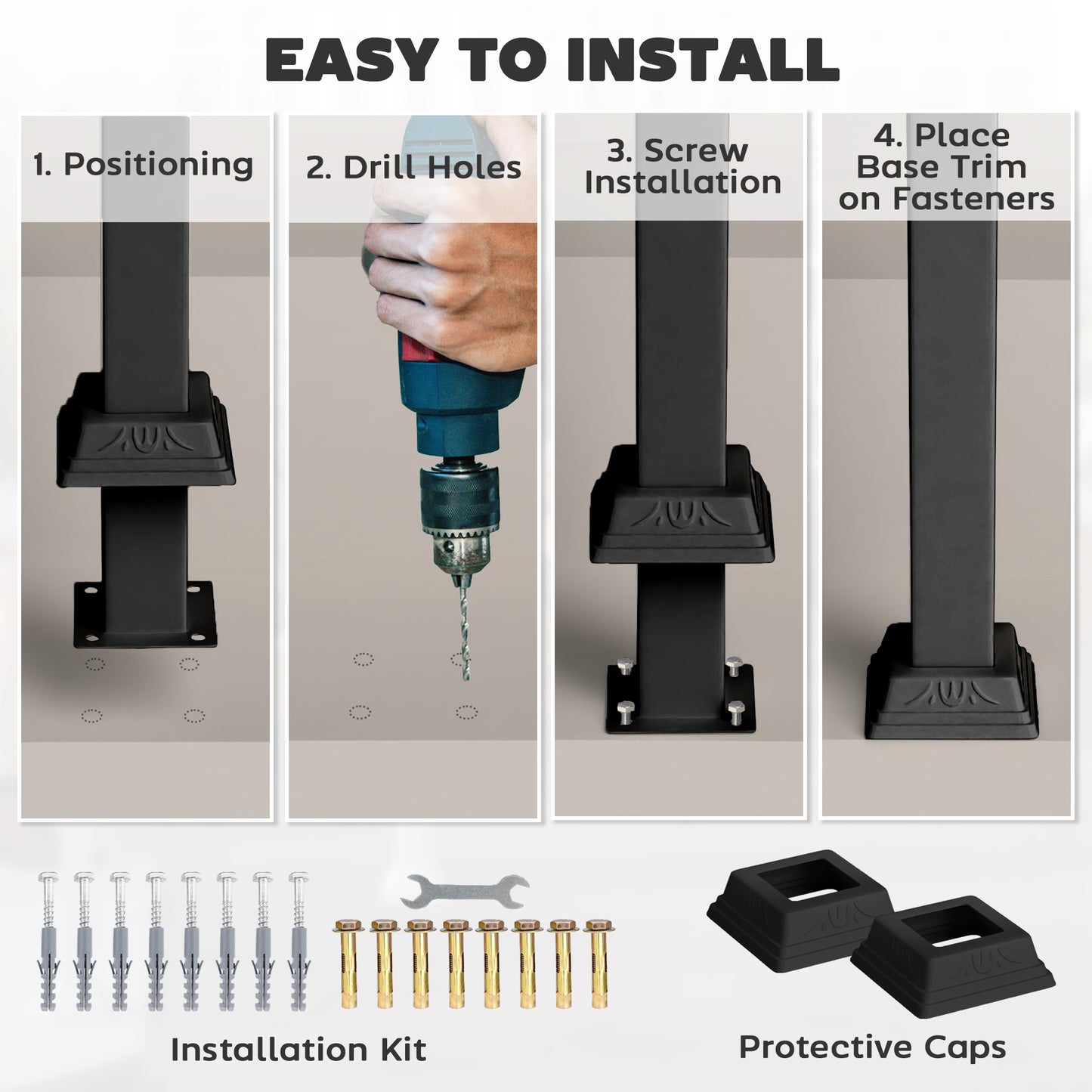 Metal Handrail for Outdoor Steps - Adjustable 0-45°, Black