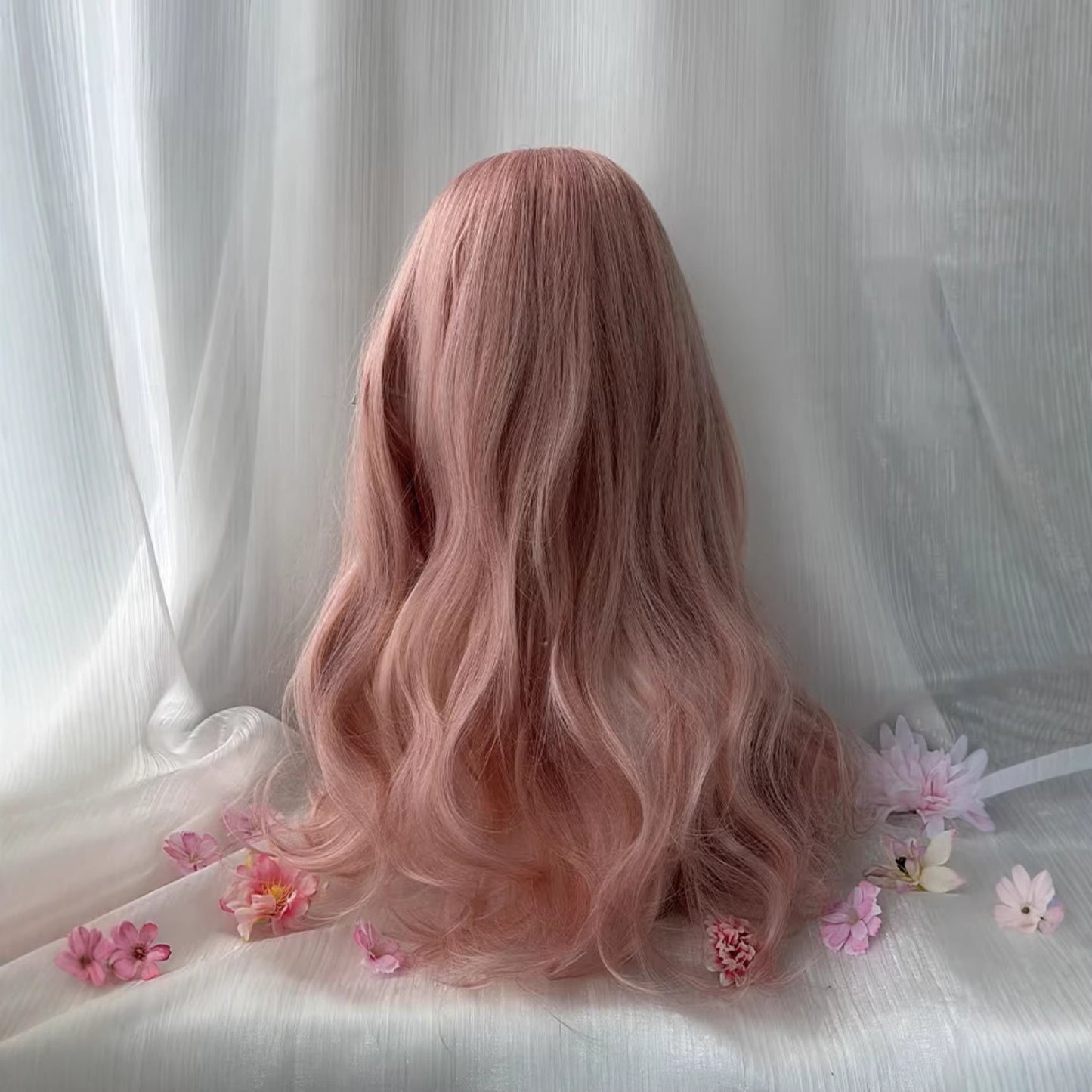 Women's Pink Gold Long Wavy Curly Wig with Wispy Bangs and Big Waves
