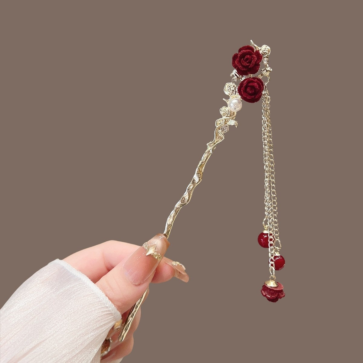 Vintage Floral Hair Stick with Red Flowers and Gold Leaves - Women’s Hair Accessory
