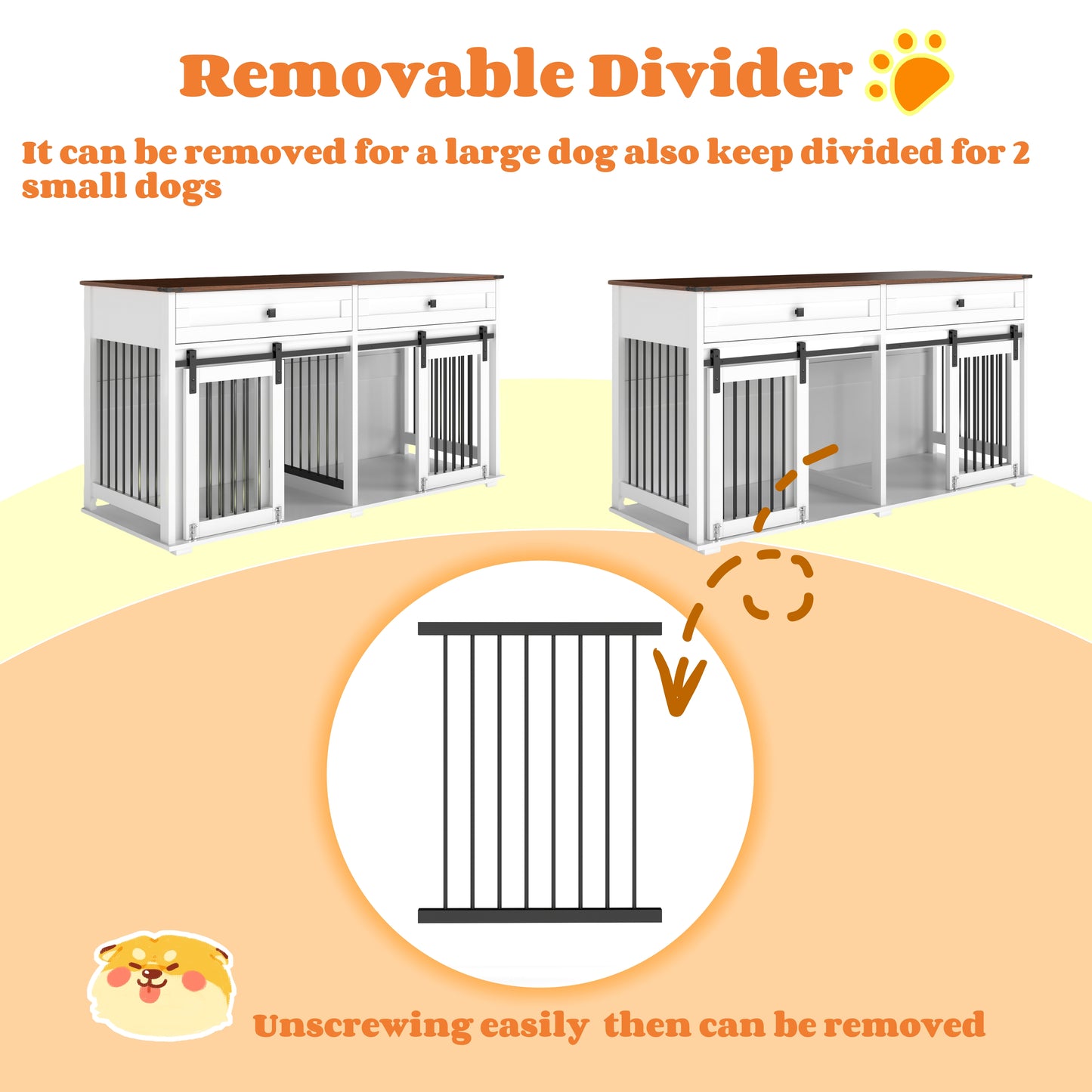 Large Wooden Dog Crate Furniture for Double Dogs with Storage, Divider & Sliding Doors