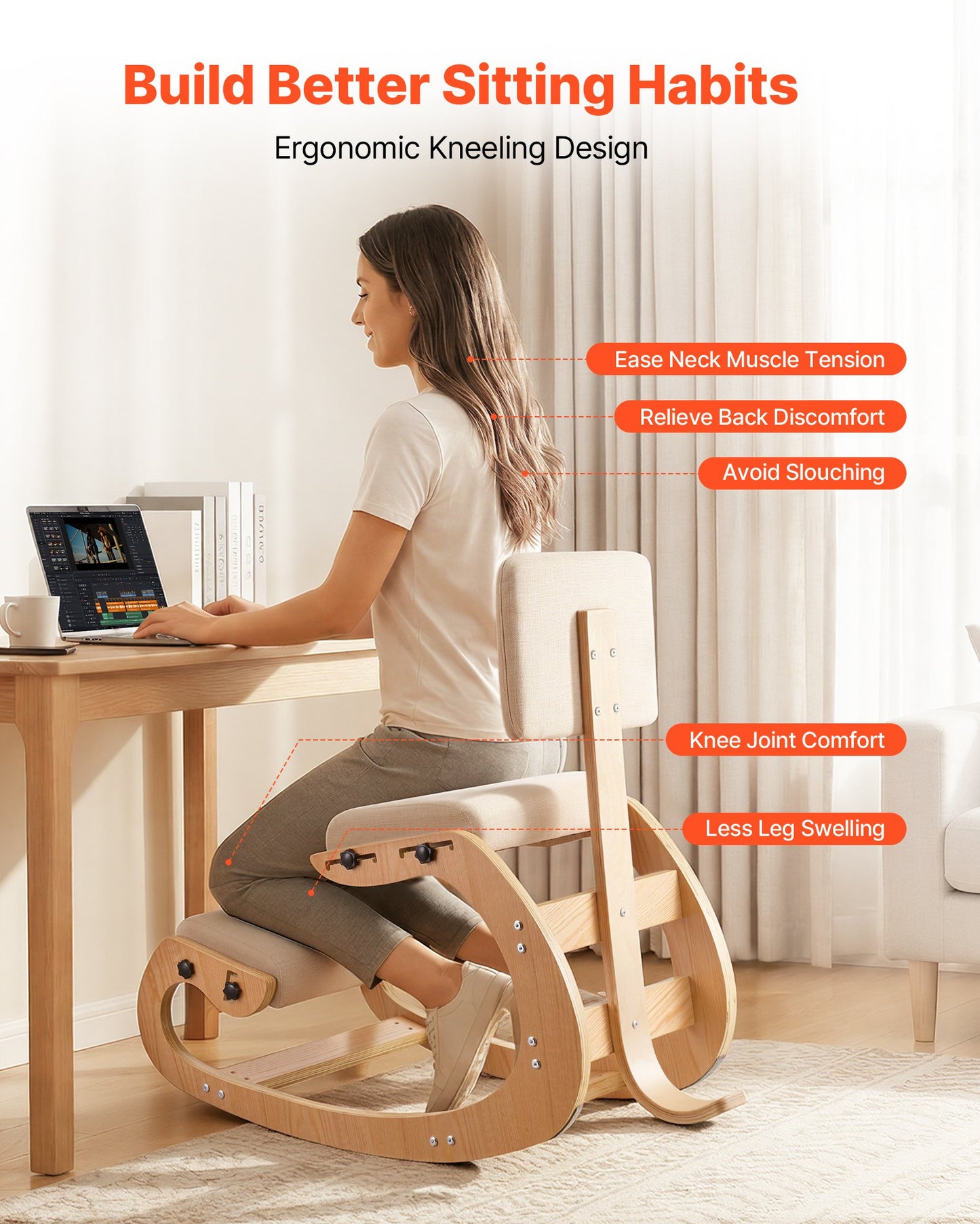 Ergonomic Kneeling Chair with Wooden Frame and Adjustable Cushions for Back Relief