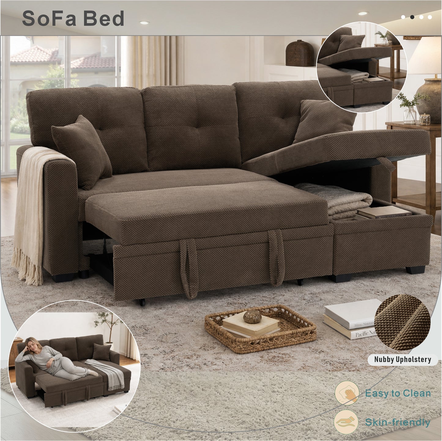 Reversible Chaise Sleeper Sofa Bed with Storage - Coffee