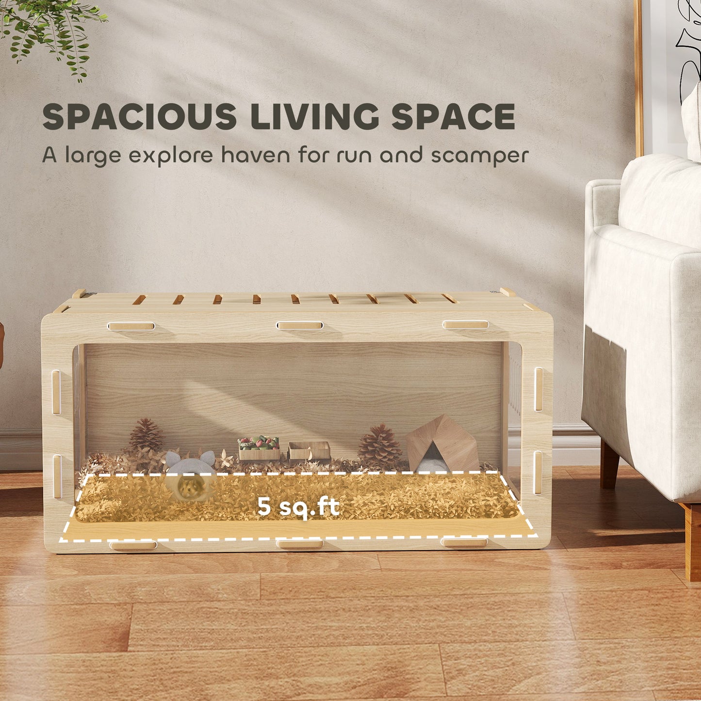 Large Hamster Cage with Acrylic Windows & Top Opening - 39 x 20 x 18.5 Inches, Oak Finish