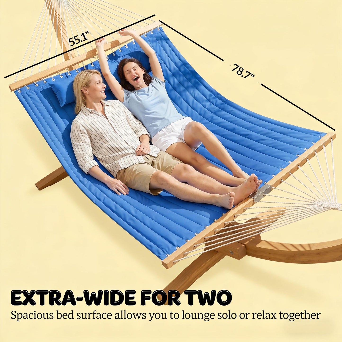 Double Outdoor Hammock for 2 - Quilted with Natural Wood & Navy Blue
