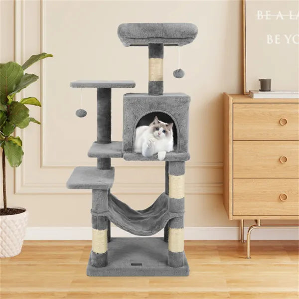 44-Inch Multi-Level Cat Tree with Top Perch, Condo & Hammock - Light Gray