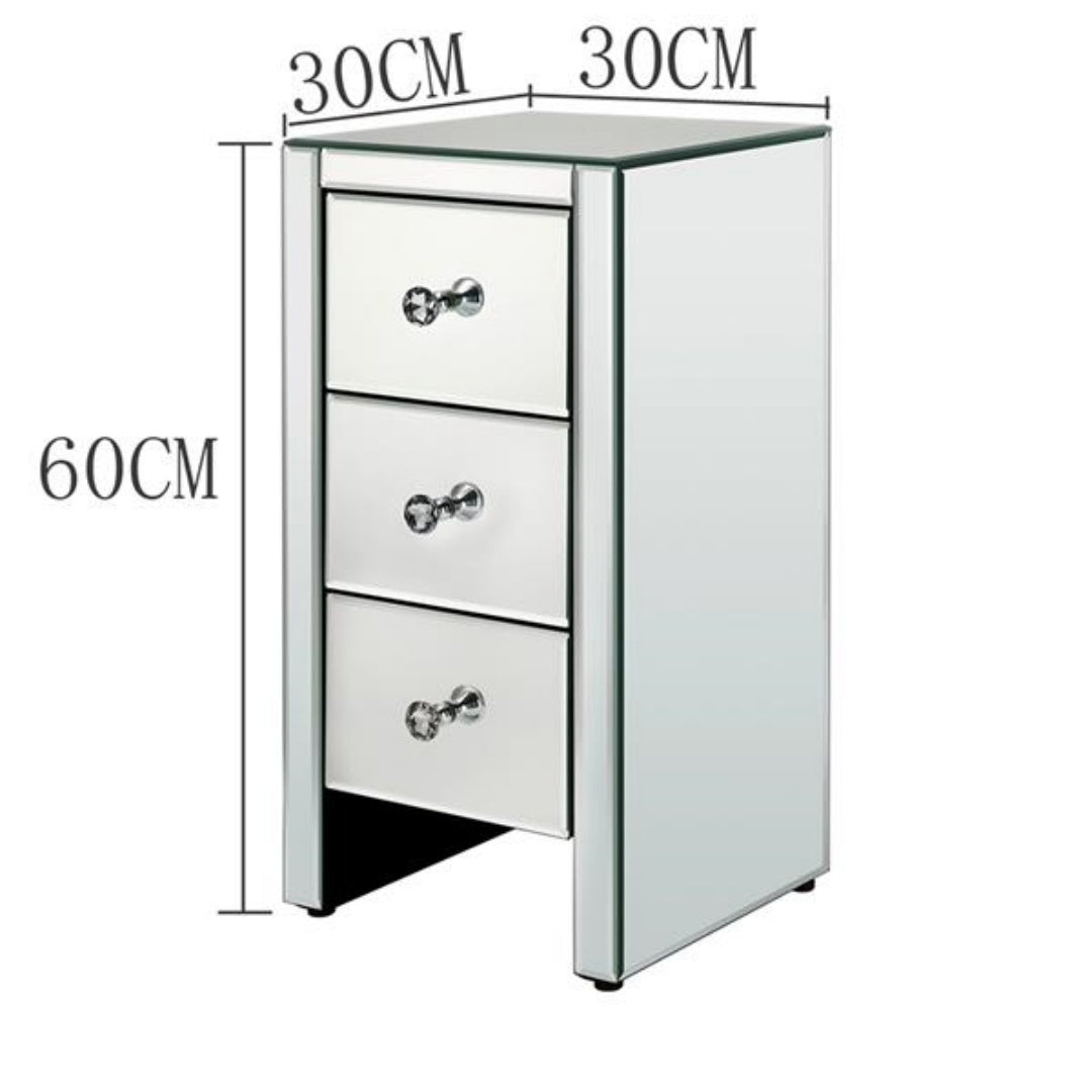 Mirrored Glass Bedside Table with 3 Drawers - Silver