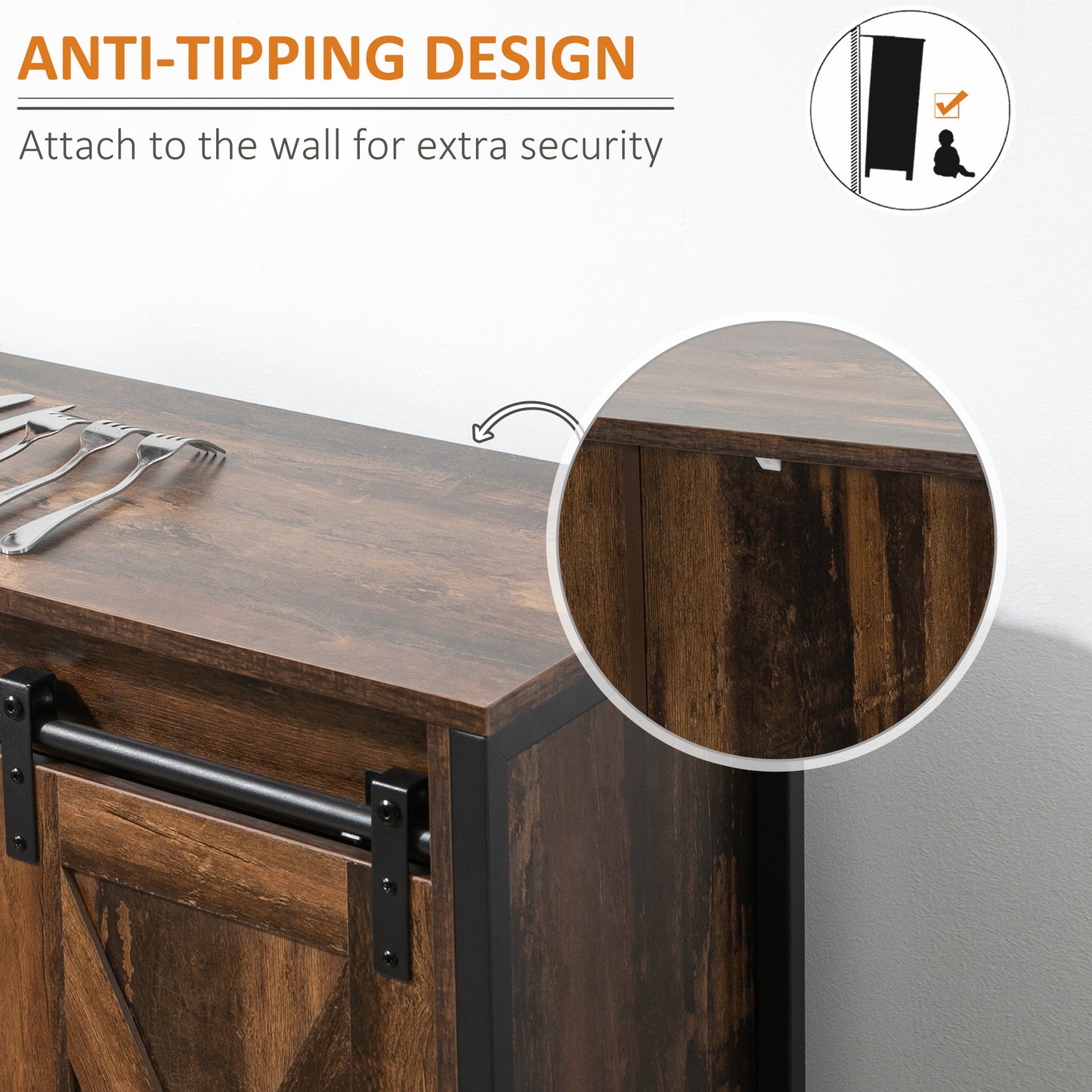 Rustic Brown Buffet Cabinet with Sliding Barn Doors - Kitchen Storage
