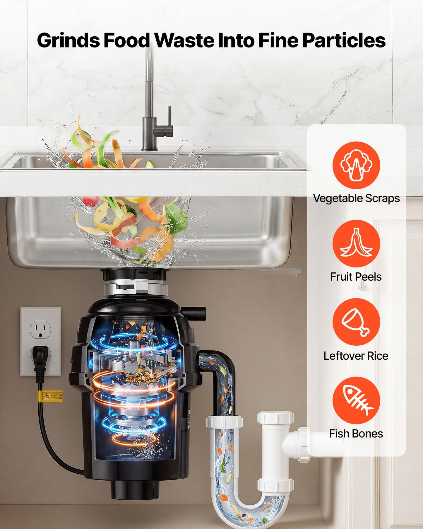 Food Waste Garbage Disposal 1HP 3500RPM Continuous Feed Kitchen Sink Disposer
