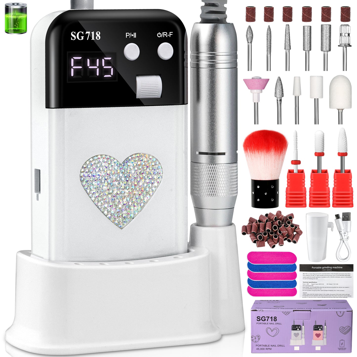 Professional Rechargeable Nail Drill 45000 RPM - Electric File for Gel Nails