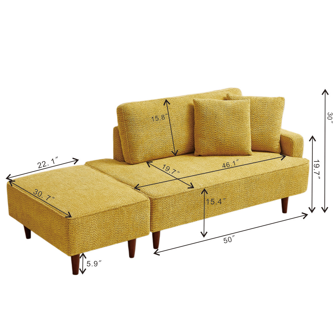 Yellow Boucle Upholstered Chaise Lounge Chair with Ottoman & Pillows