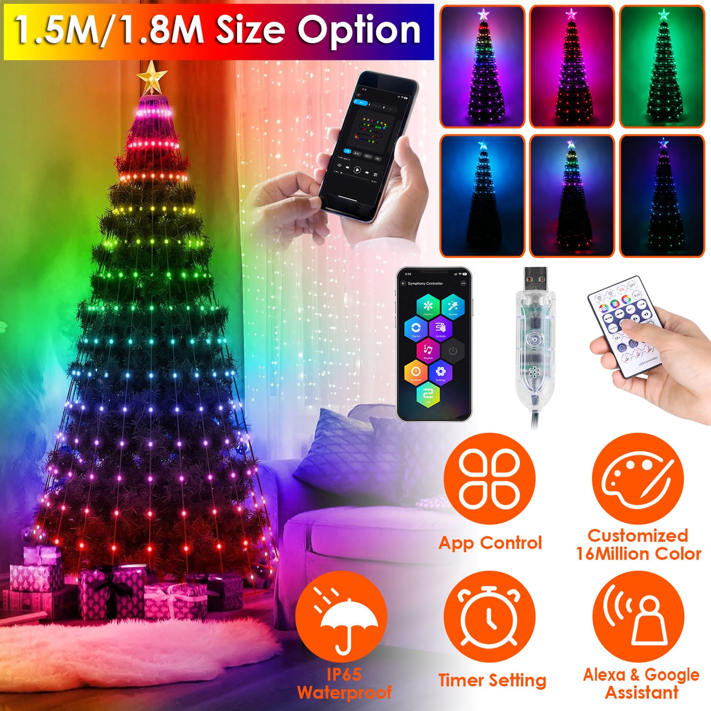 Collapsible Christmas Tree Lights with Remote Control - Multi-Color Options