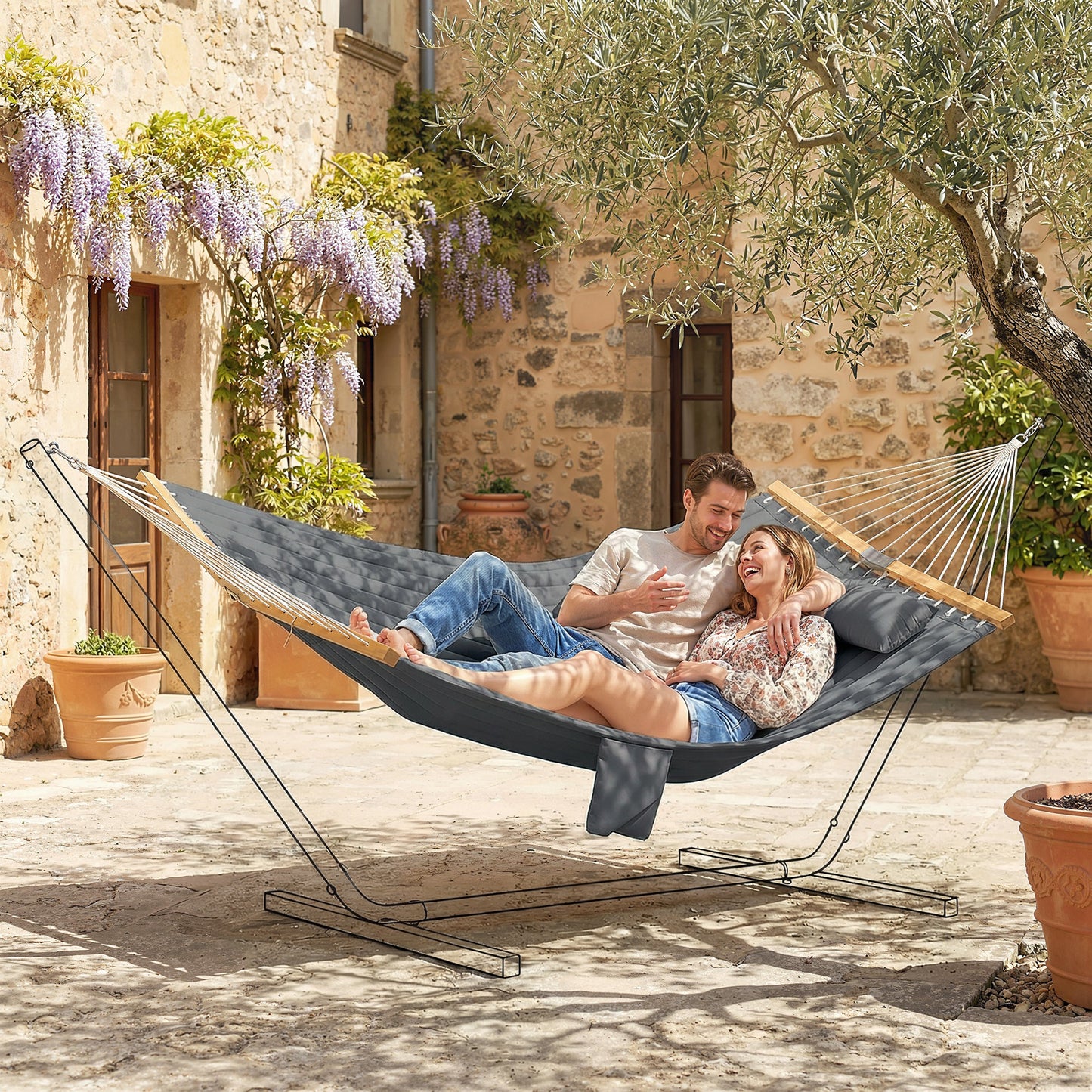 Double Hammock for 2 with Pillow & Pad - 440 lbs Capacity, Gray