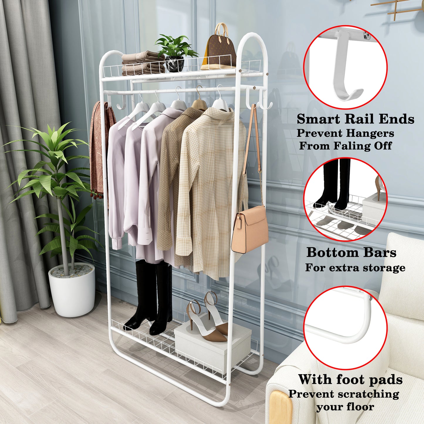 Heavy Duty Freestanding Clothes Rack with Double Shelves - White