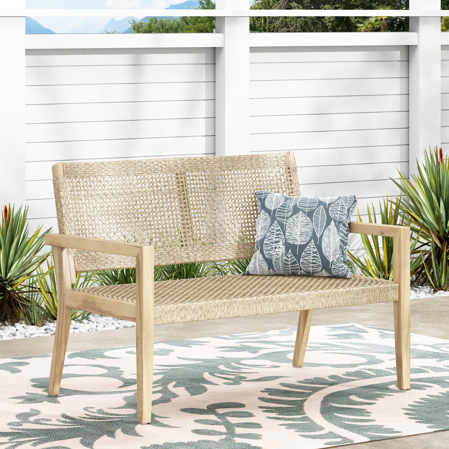 Outdoor Wicker And Acacia Wood Loveseat, Light Multibrown Brown, 34 H