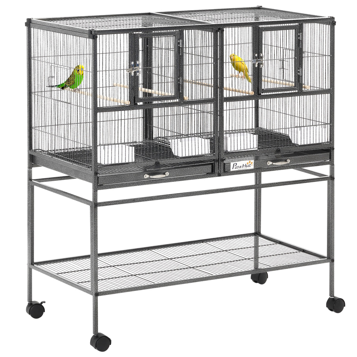 Divided Bird Cage with Rolling Stand, Removable Metal Trays & Storage Shelf