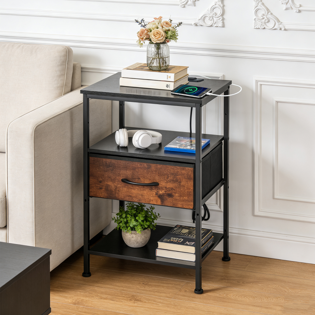 Bedside Table with USB-C Port and Adjustable Drawers - Black Brown