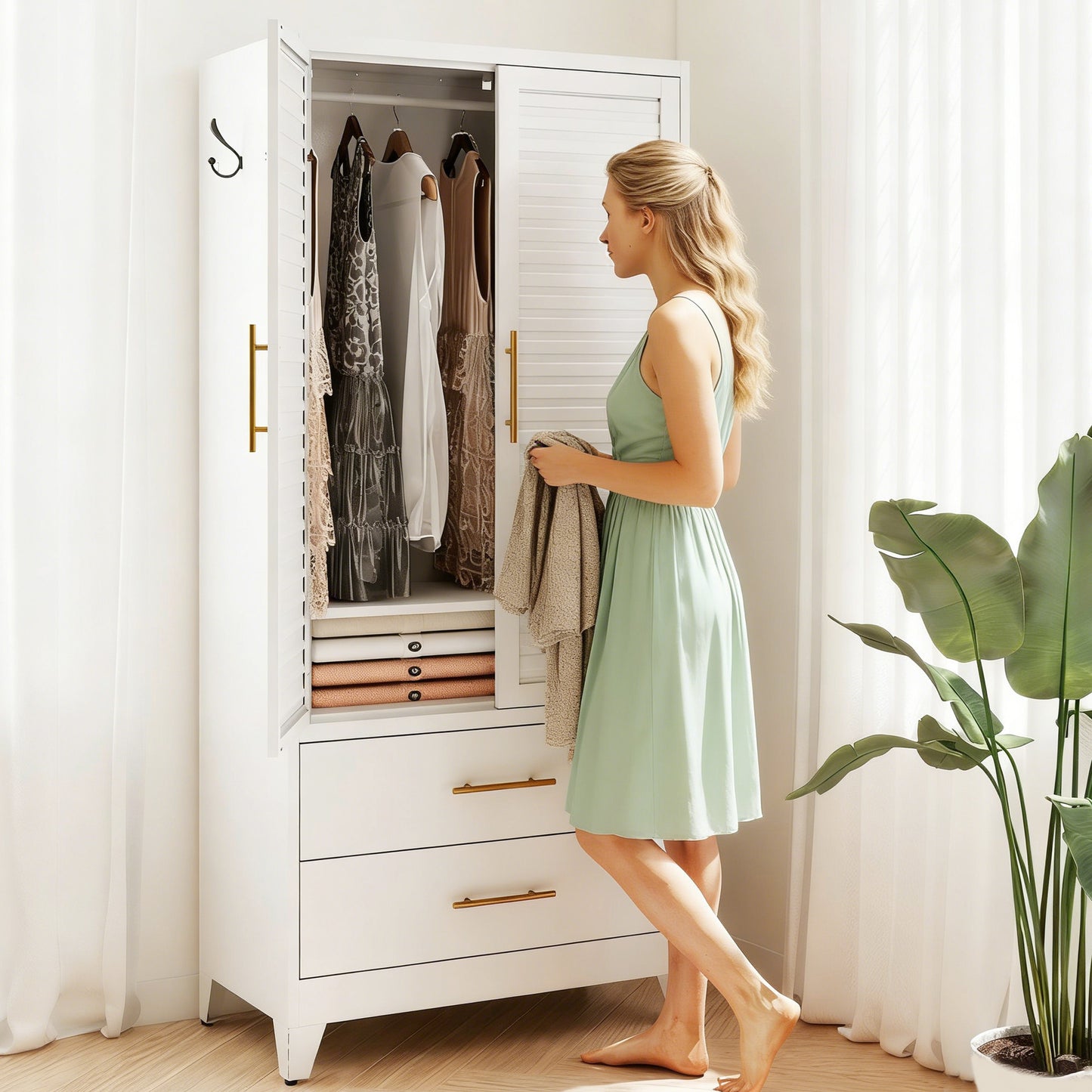 White Metal Wardrobe Closet With 2 Doors And Drawers, 71inTall