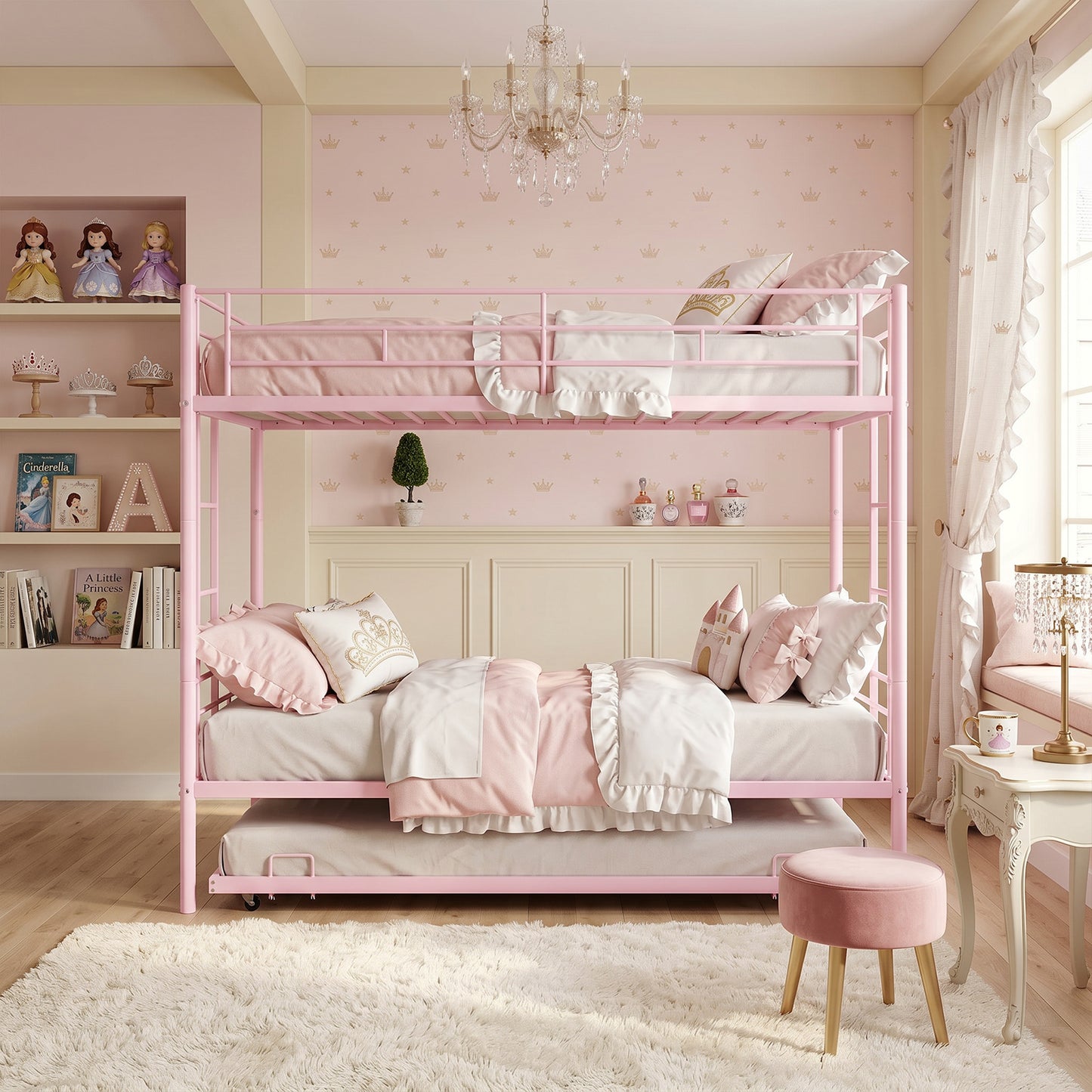 Twin Over Twin Bunk Bed with Trundle, Dual Ladder & Safety Rails