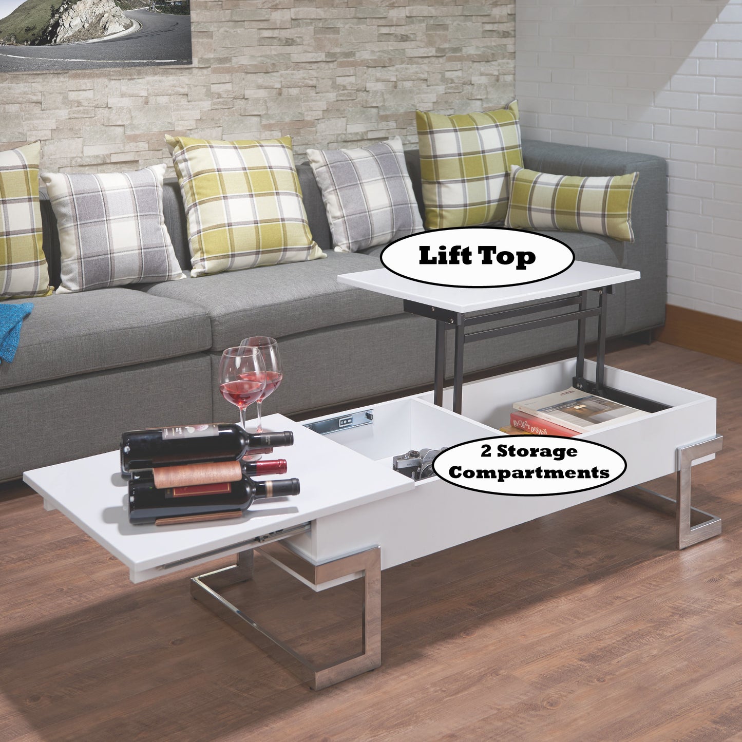 White High Gloss Coffee Table with Lift Top and Chrome Legs