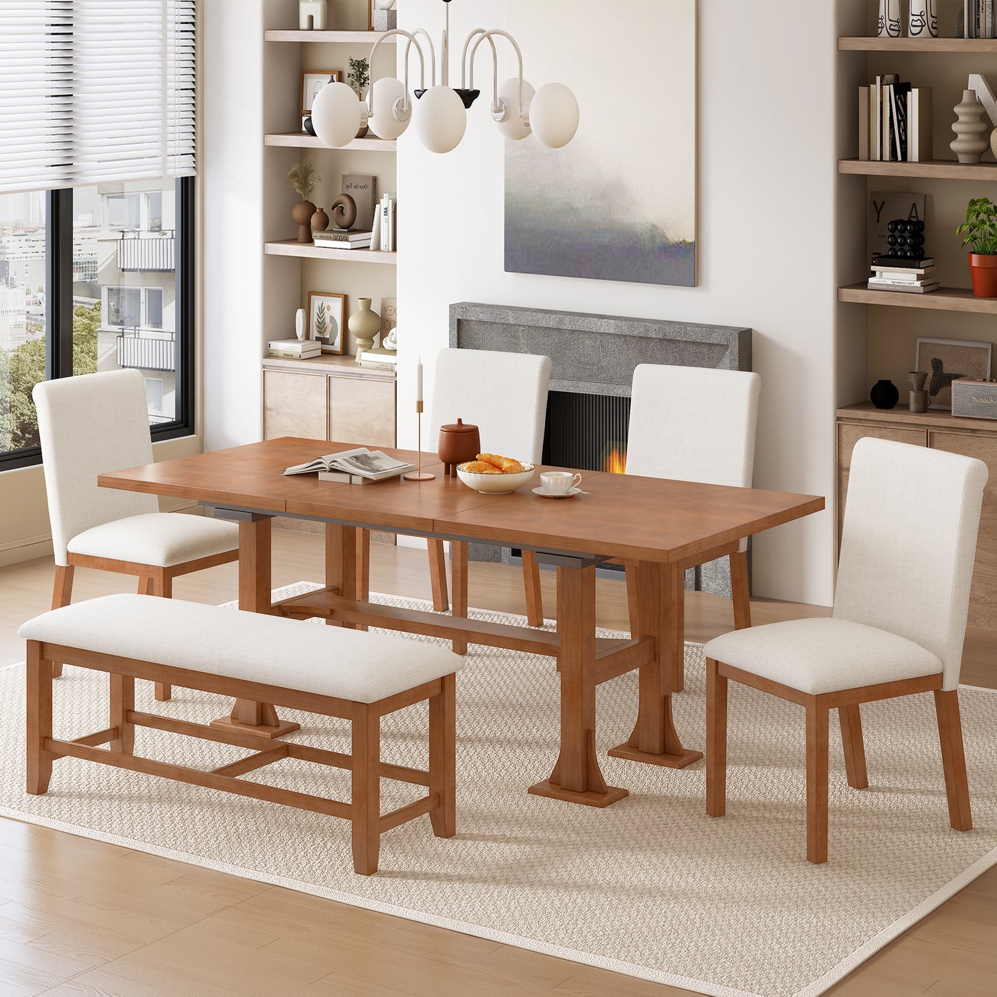 Farmhouse 6-Piece Extendable Dining Table Set with Upholstered Chairs & Bench - Brown Ivory