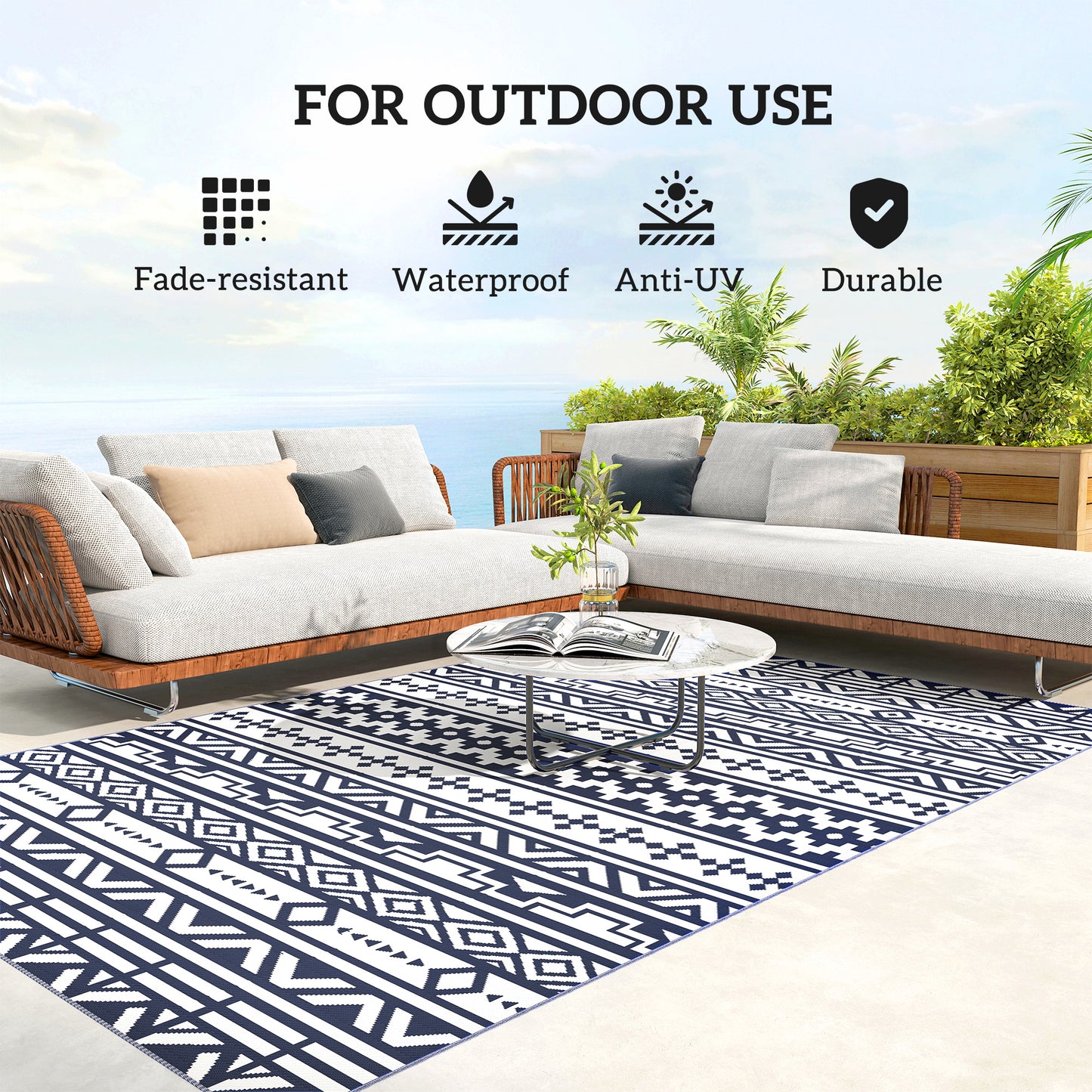 Reversible Outdoor Rug - Waterproof Polypropylene, 6' x 9', Blue & White Geometric
