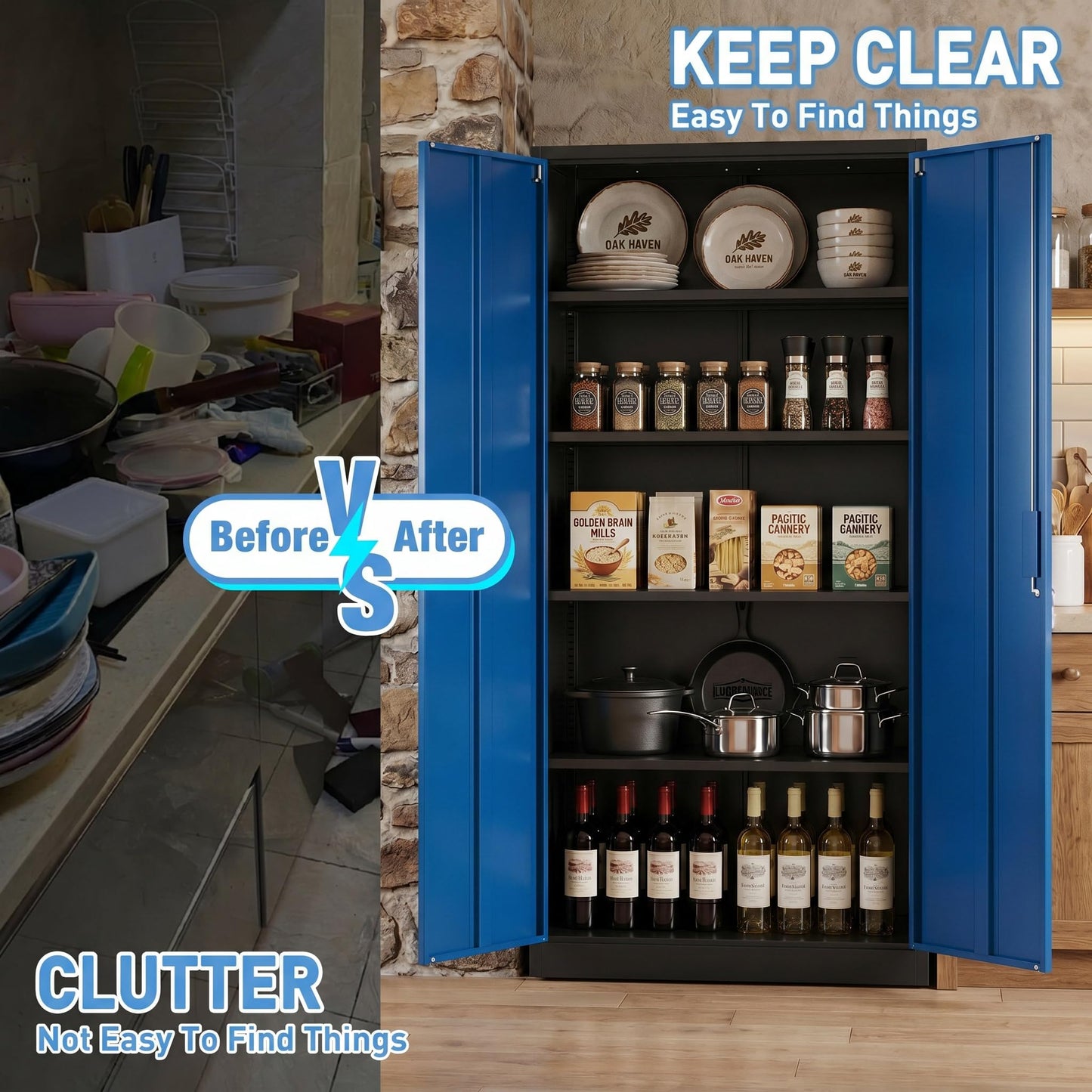 Lockable Metal Garage Storage Cabinet with Adjustable Shelves - Black & Blue