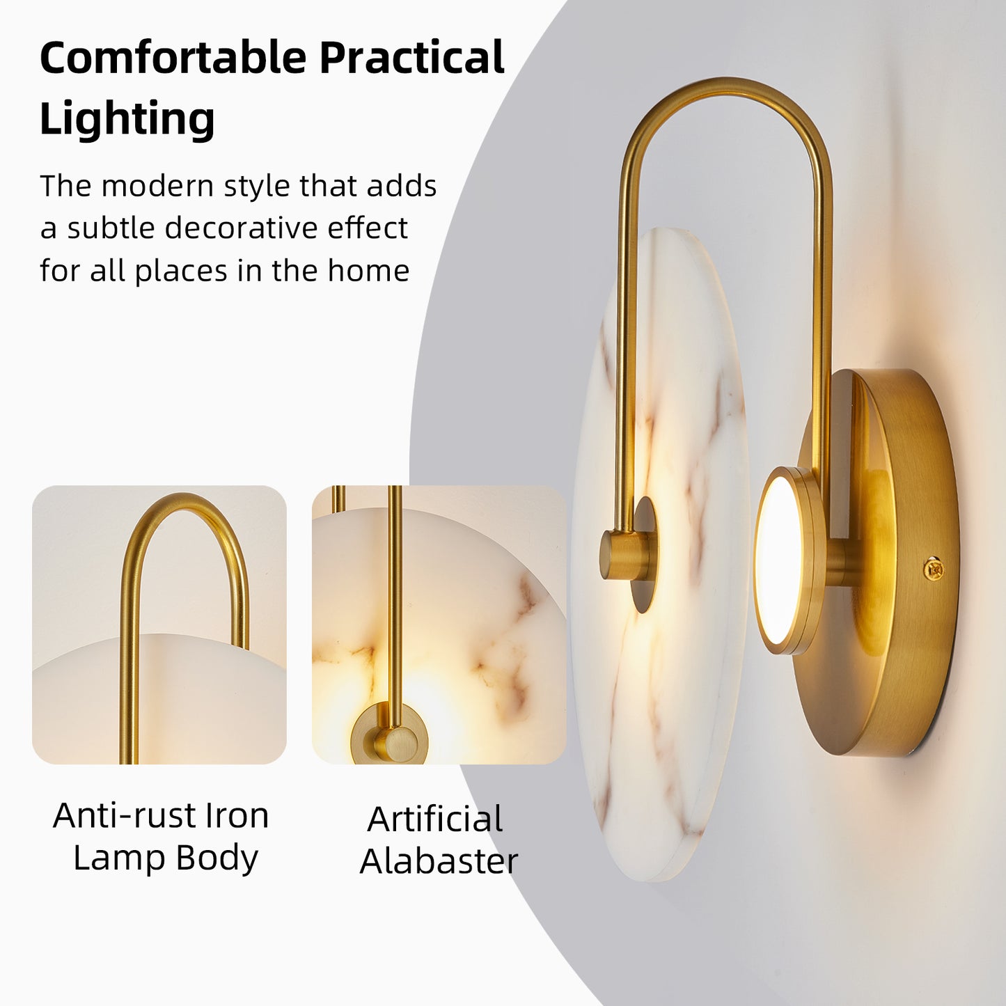 Round Alabaster Wall Sconce - Natural Marble LED Wall Lamp for Bedroom & Living Room - Gold Finish