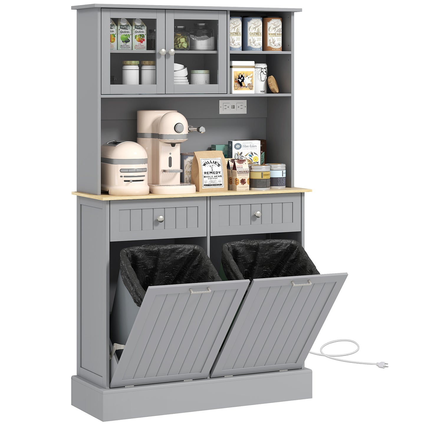 Kitchen Pantry Cabinet with Charging Station & Tilt-Out Cabinets - Gray