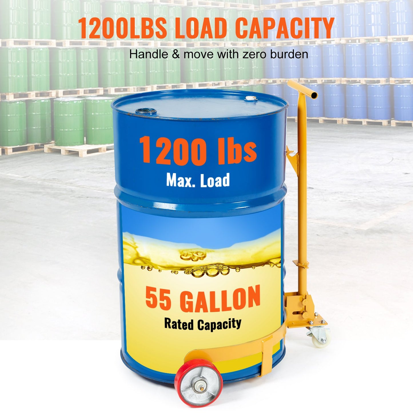 55 Gallon Drum Dolly Cart - Heavy Duty Steel, Yellow, 1200 Lb Capacity